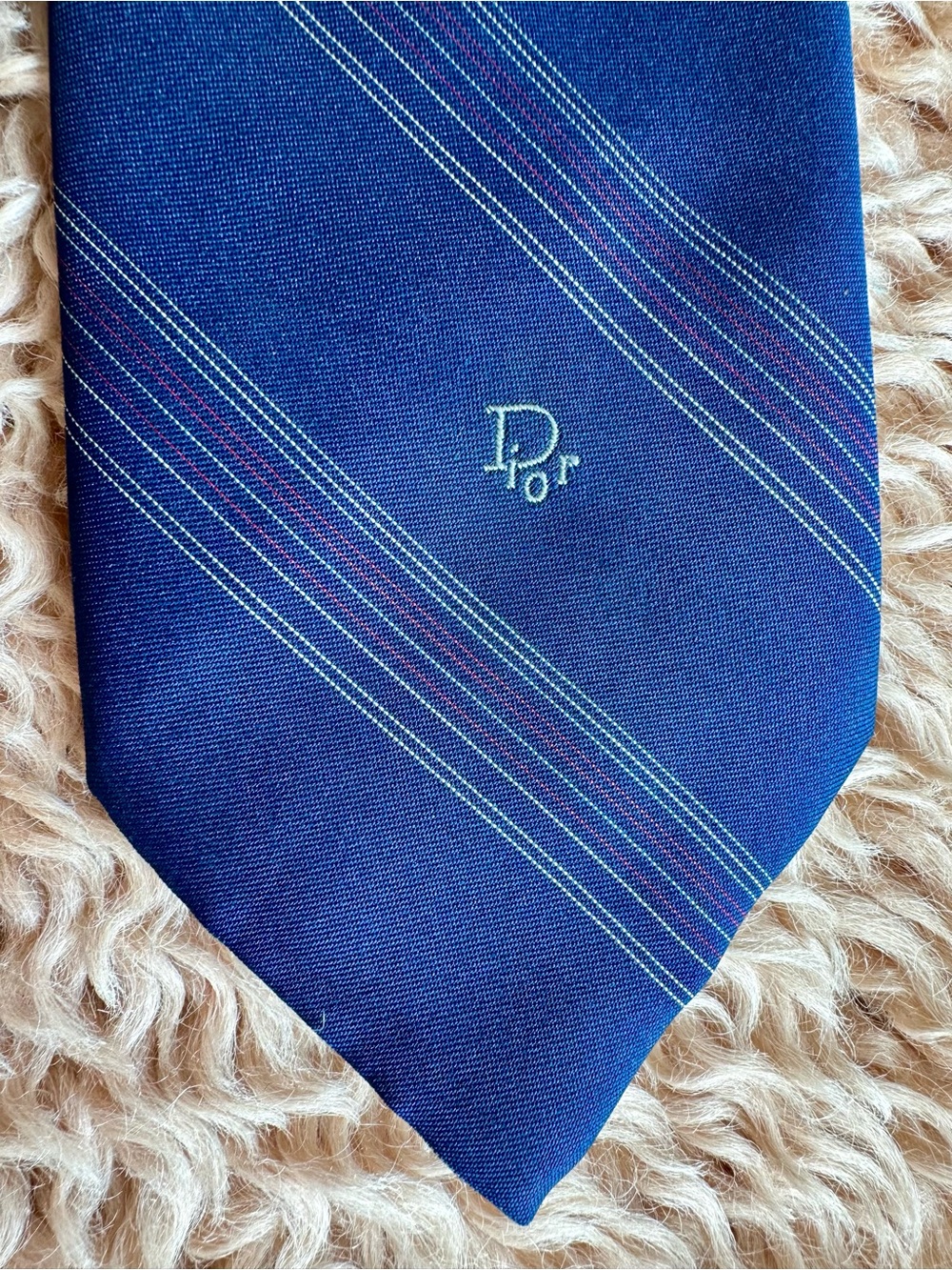 Vintage Christian Dior Paris Necktie Mens OS Navy Blue Striped Silk Designer